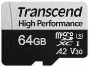 .64GBMicroSD(Class10)UHS-I(U3),+SDadapter,Transcend"TS64GUSD330S"(V30,A2,R/W:100/60MB/s)