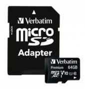 64GBmicroSDClass10A1UHS-I+SDadapterVerbatimPremiummicroSDXC,600x,Upto:90MB/s