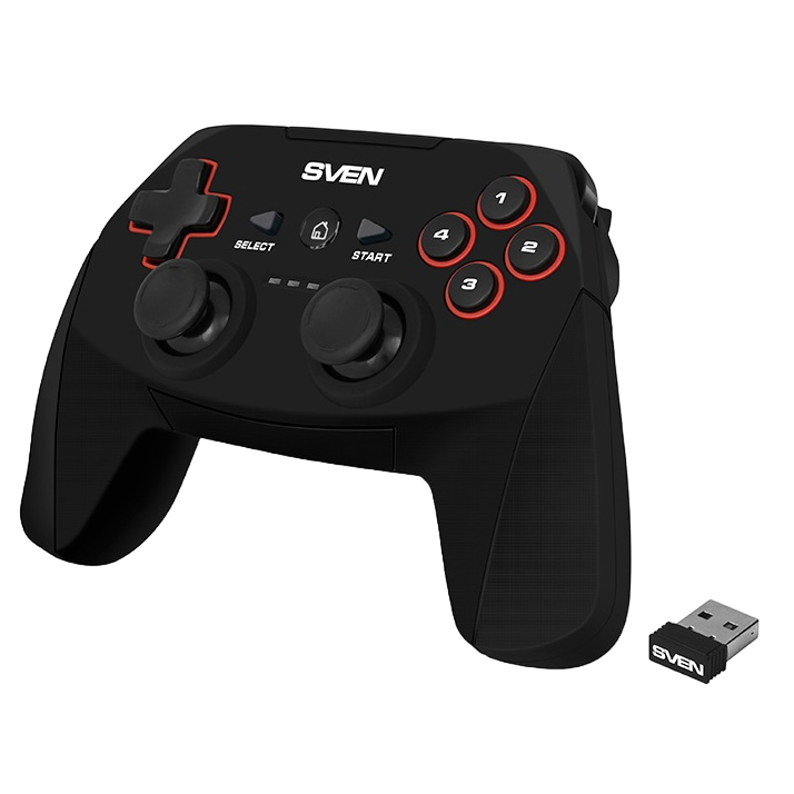 Wireless Gamepad SVEN GC-2040, 4 axes, D-Pad, 2 mini joysticks, 11 buttons, Vibration feedback, Soft-touch coating, Built-in battery, 2.4Ghz, Black