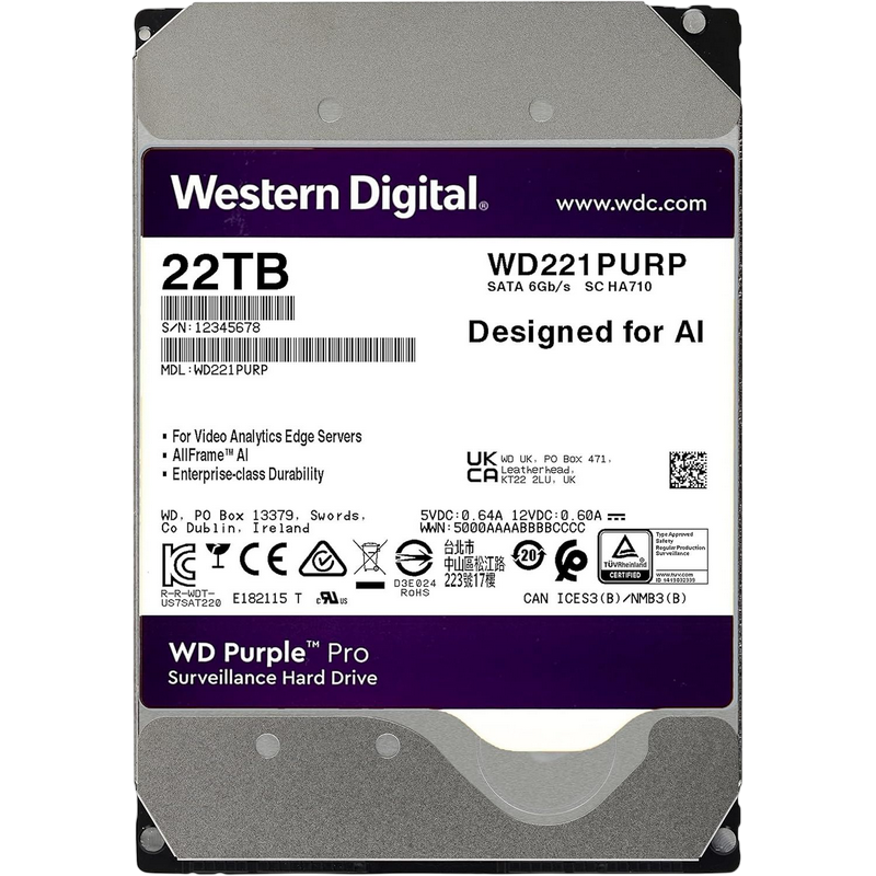 3.5" HDD 22.0TB-SATA-512MB Western Digital "Purple Pro (WD221PURP)", Surveillance, CMR