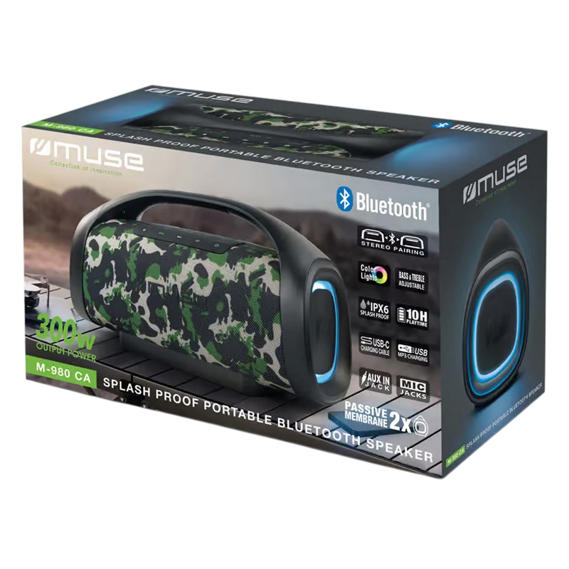 Portable Speaker MUSE M-980 CA, USB, TWS, IPX6, AUX, Camouflage, 6000mAh / 7.4V, 10H playtime, USB-C