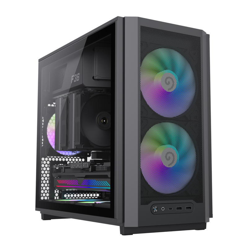 Case mATX GAMEMAX F36, w/o PSU, 0.8/0.6mm, 2x140mm&1x120mm ARGB, Front Mesh, Tempered Glass, Dust Filter, 2xUSB3.0, 1xUSB-C, 2x3.5", 3x2.5", Black