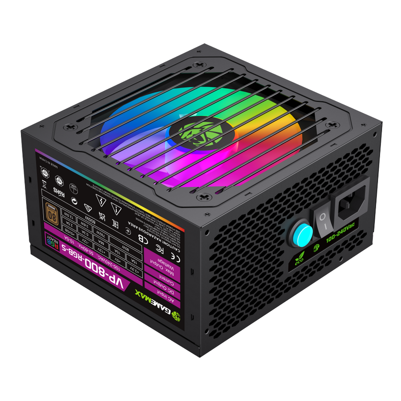 Power Supply ATX 800W GAMEMAX VP-800-RGB-S, 80+ Bronze, 120mm ARGB, Active PFC, Temperature control fan, Black