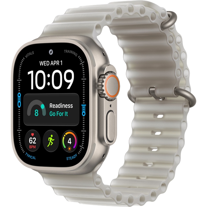 Apple Watch Ultra 4 GPS + Cellular, 49mm Natural Titanium Case with Translucent Grey Ocean Band MJAD4