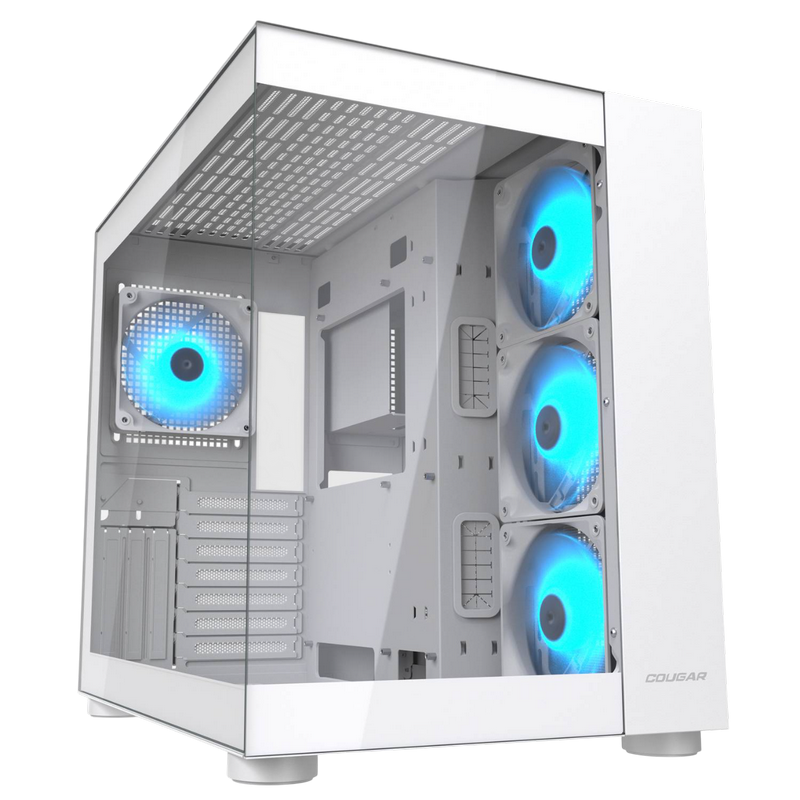 Case ATX Cougar FV150 RGB w/o PSU 3x120revers M/B side 1x120rear ARGB Glass: Front&Side 2xUSB3.0 1xUSB-C 1x2.5" 2x3.5" RGB Button, White