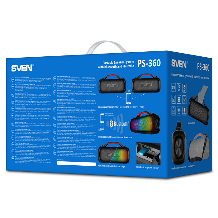 Speakers SVEN "PS-360" 24W, Waterproof (IPx5), TWS, Bluetooth, FM, USB, 3000mA*h
