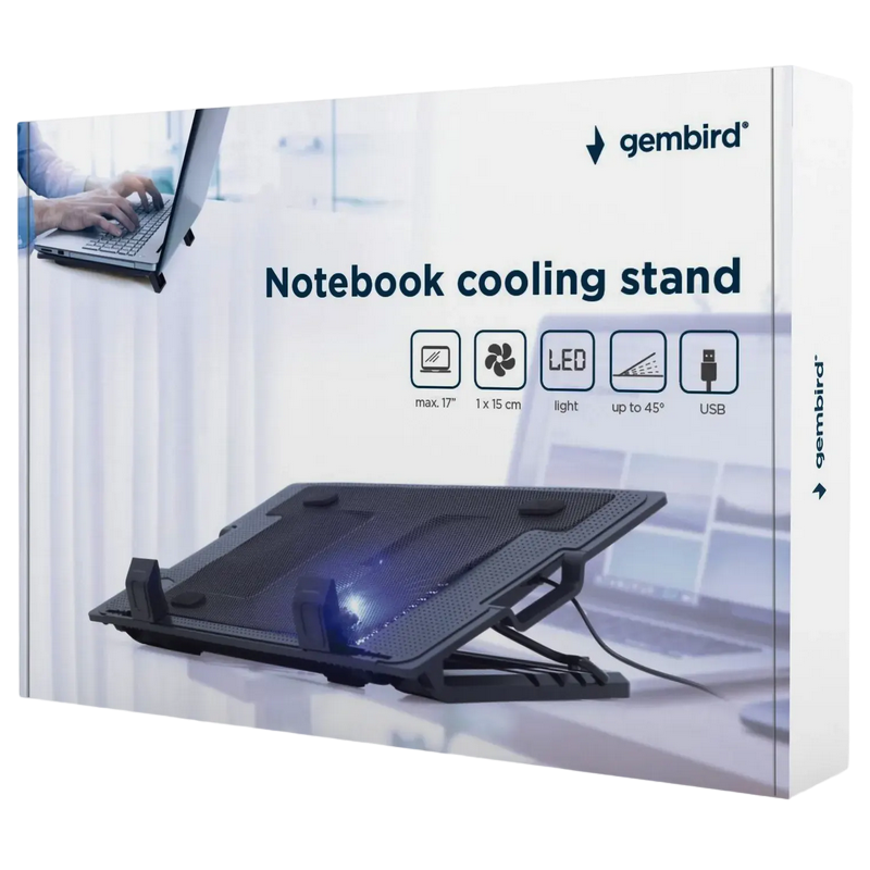 Notebook Cooling Pad Gembird NBS-1F17T-01, up to 17'', 1x150 mm fan, Adjustable angle, LED light