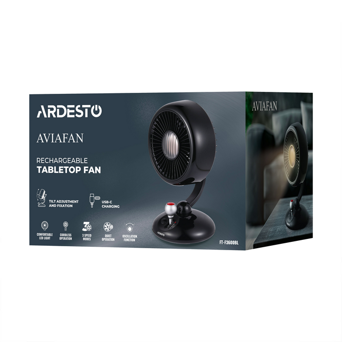 Fan ARDESTO AviaFan FT-F3600BL, 12cm,rechargeable, backlight, USB-A Type-C, Black