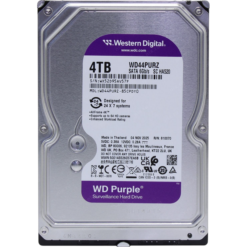 3.5" HDD 4.0TB-SATA- 128MB Western Digital "Purple (WD44PURZ)", Surveillance, 24/7, CMR, 5400rpm, 1.0M (MTBF)