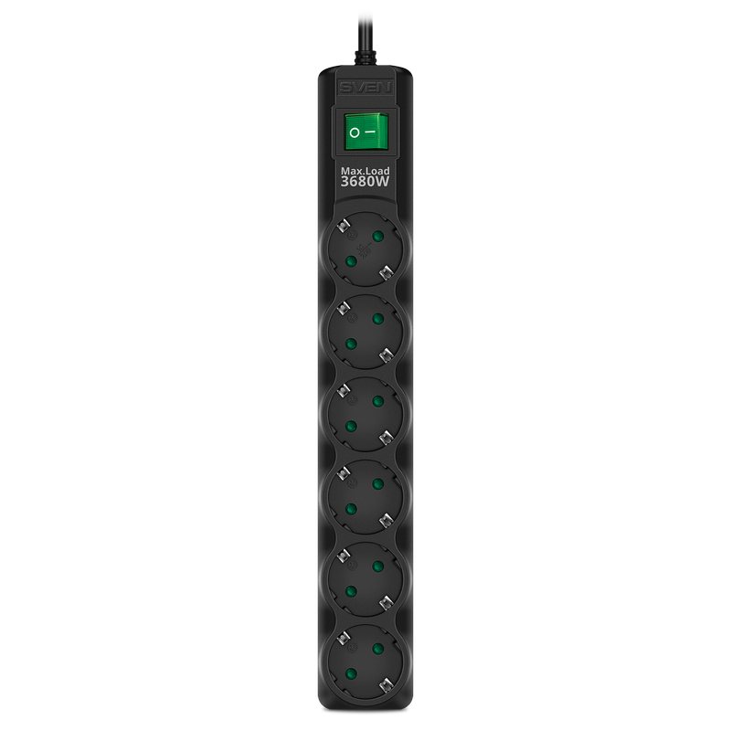 Surge Protector 6 Sockets, 3.0m, Sven "SF-06E-16", Black, flame-retardant material, 16A