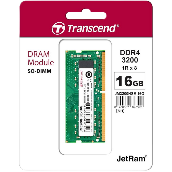 16GB DDR4- 3200MHz SODIMM Transcend PC25600, CL22, 260pin DIMM 1.2V