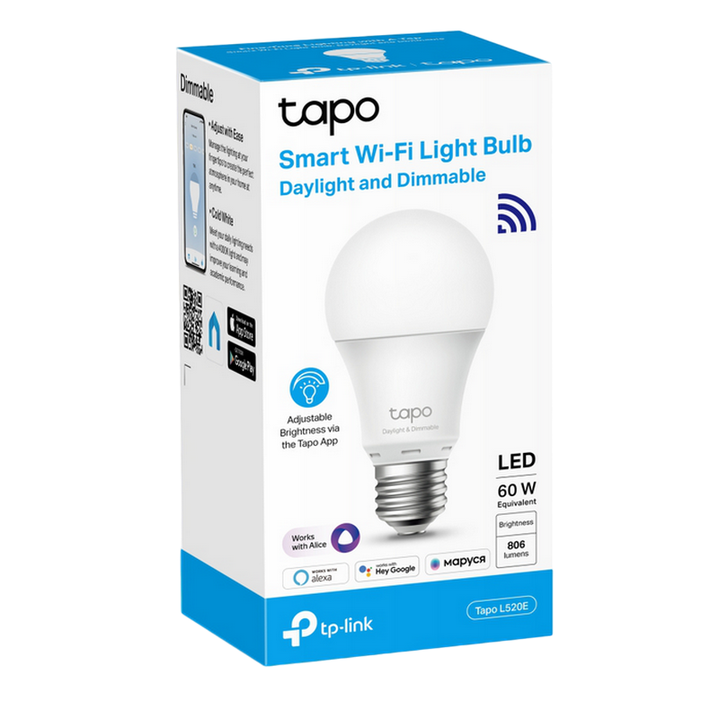 TP-LINK "Tapo L520E", Smart Wi-Fi LED Bulb with Dimmable Light, 4000K, 806lm