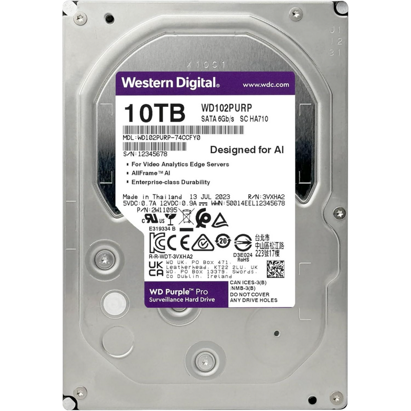 3.5" HDD 10.0TB-SATA-512MB Western Digital Purple Pro (WD102PURP), Surveillance, 24/7, CMR, 7200rpm, 2.0M (MTBF)