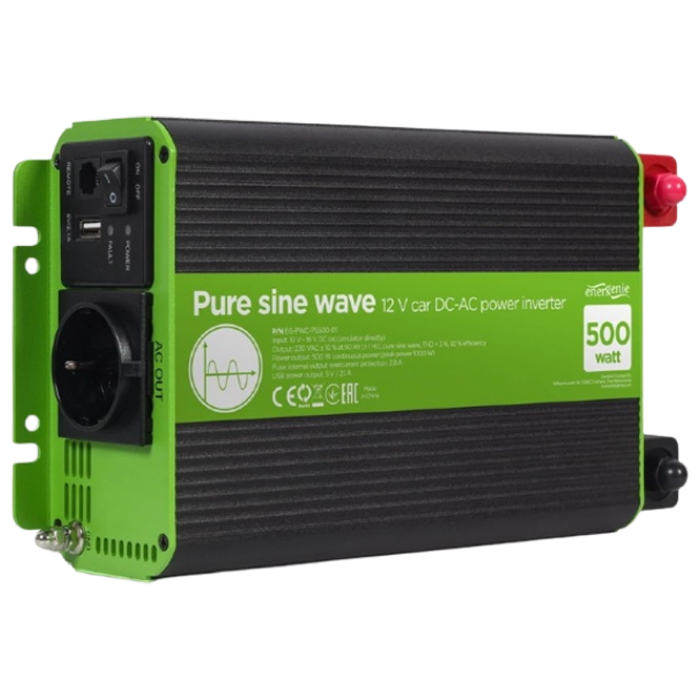 Inverter Energenie car power: Max.500W, 12 V, Input: 10-16 VDC (accumulator directly), Pure sine wave, 1xUSB-A, 1xSchuko Socket