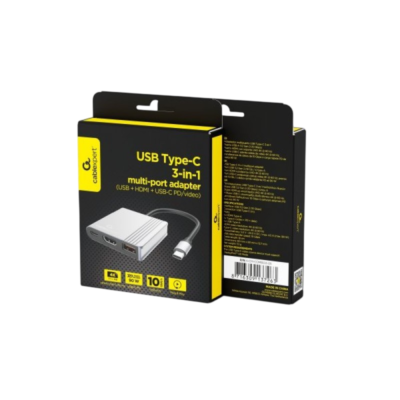 Docking Station Gembird A-CM-COMBO3-05, USB3.1, USB-C, 4K@60Hz HDMI, PD 90W, Metal housing