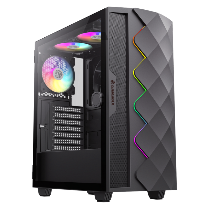 Case ATX GAMEMAX Diamond CP BK, w/o PSU, 0.5mm, 3x120mmARGB, 1x140mm, ARGB Hub, Front Mesh+LED strip, 1xUSB3.1, 1xUSB2.0, 2x2.5", 2x3.5", Black