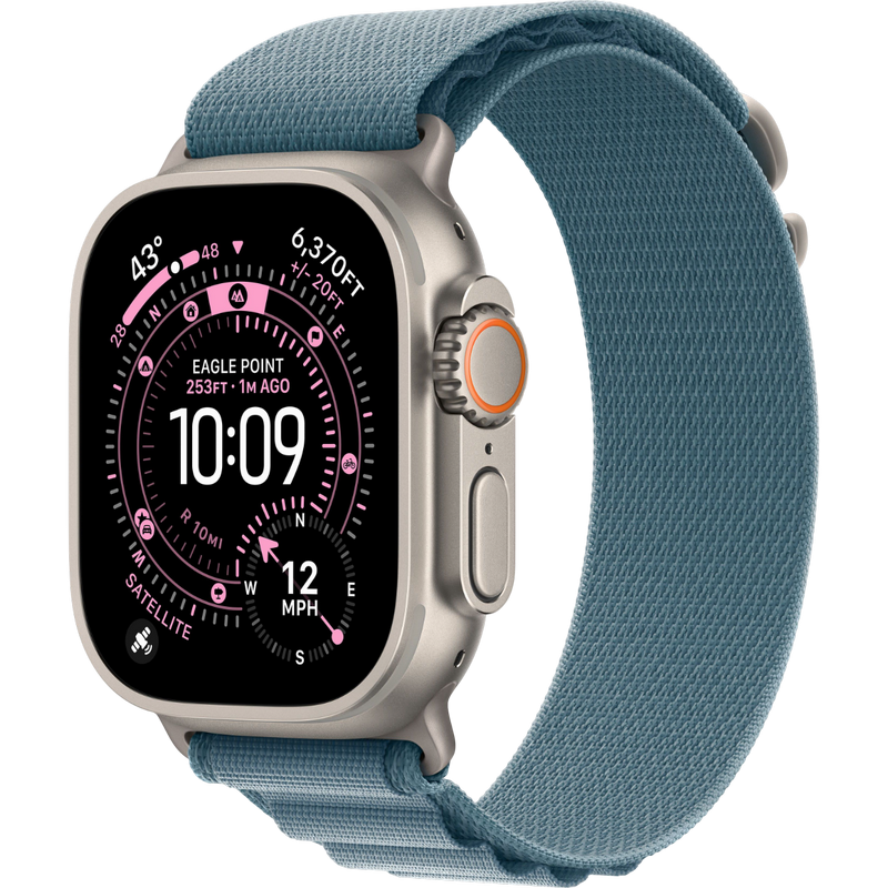 Apple Watch Ultra 3 GPS + Cellular, 49mm Natural Titanium Case with Light Blue Alpine Loop - Medium, MEWM4