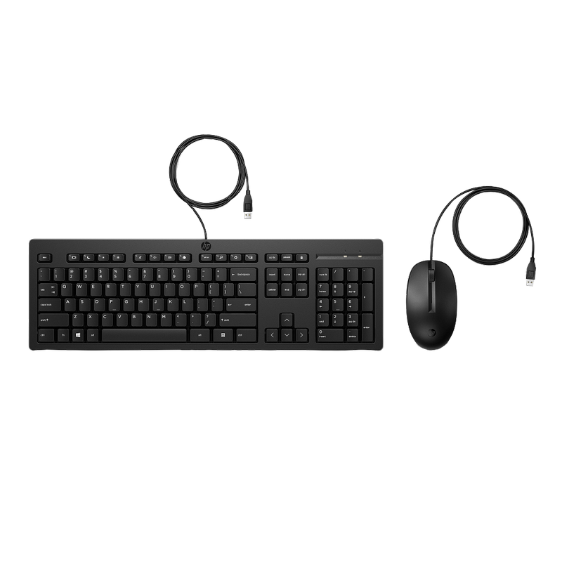 Keyboard & Mouse HP 225, Keyboard Full size; 3-zone layout, Mouse 3 buttons, 1200dpi, 1.8m cable length, USB, EN/RU, Black