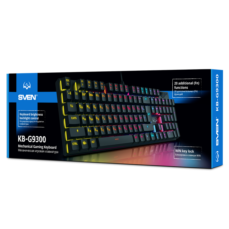 Gaming Keyboard SVEN KB-G9300, Mechanical, Blue SW, Fn keys, Win Lock, Anti-Ghosting, Backlight, 1.8m, USB, EN/RU, Black