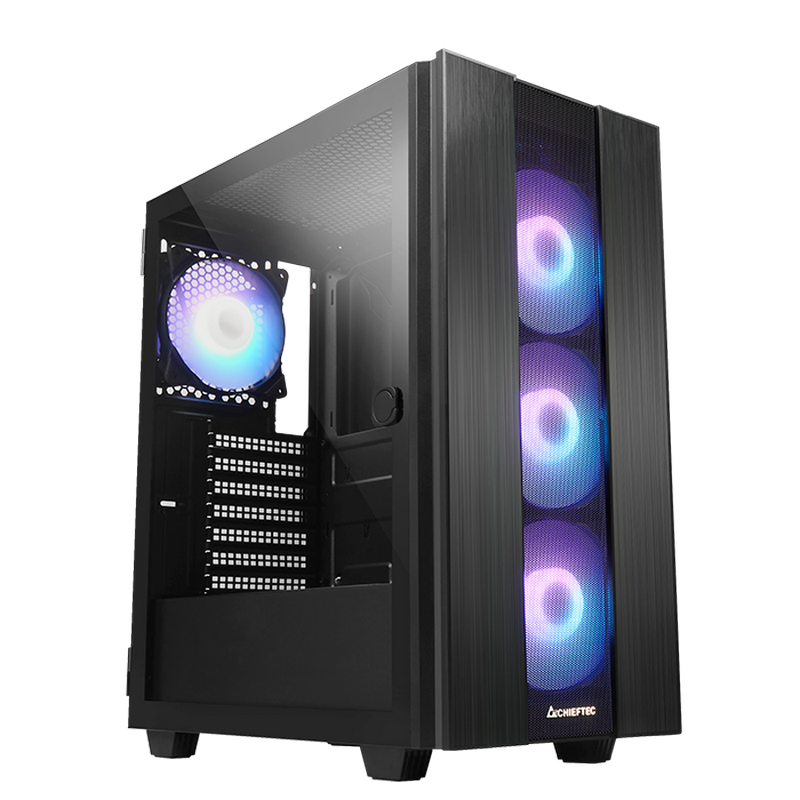 Case ATX Chieftec HUNTER 2, w/o PSU, 0.5mm, 4x120mm ARGB fans, ARGB Hub, Front Mesh, Tempered Glass, 2xUSB3.1, 1xUSB-C, 2x2.5", 2x3.5", Black