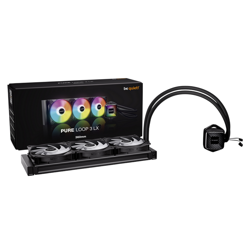 AIO Liquid Cooling be quiet! "Pure Loop 3 LX 360mm" (15.4-37.2dB, 3x120mm, PWM, 2100RPM, 61.8 CFM, Pump:5500RPM, ARGB 1280g.)