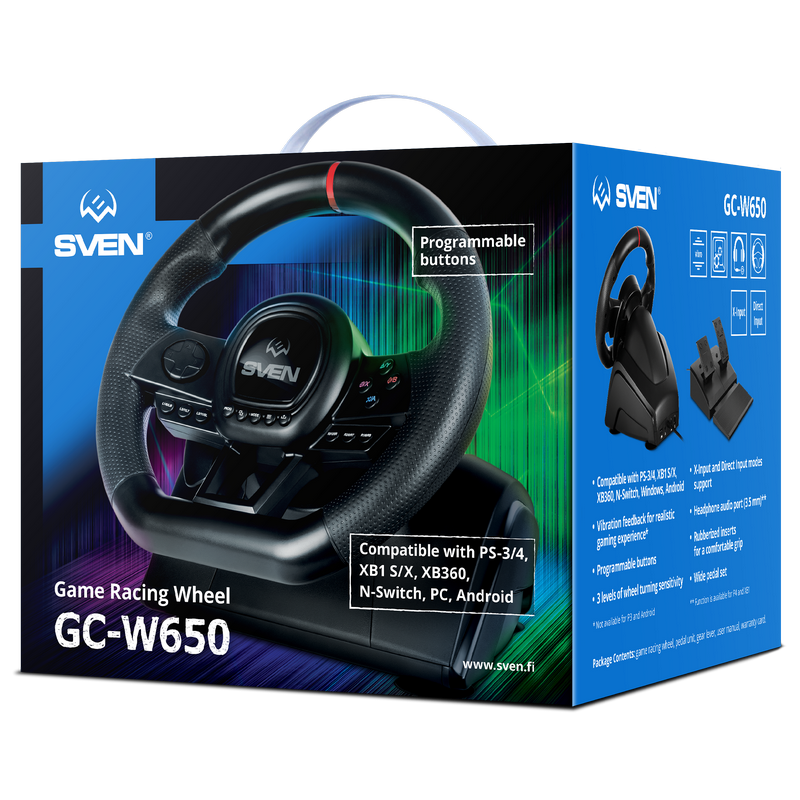 Wheel SVEN GC-W650, 10", 180 degree, Pedals, Tiptronic, 2-axis, 12 buttons, Dual vibration, USB