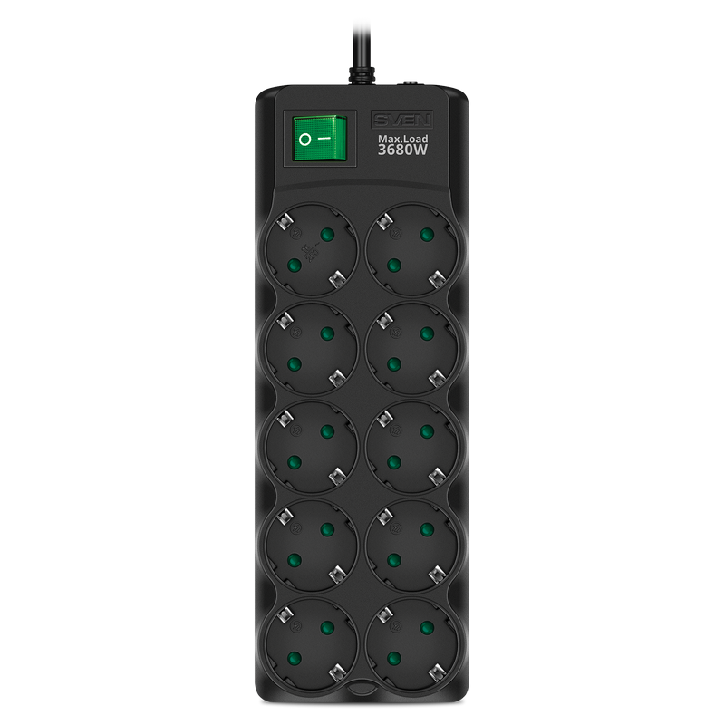 Surge Protector 10 Sockets, 1.8m, Sven "SF-10E-16", Black, flame-retardant material, 16A