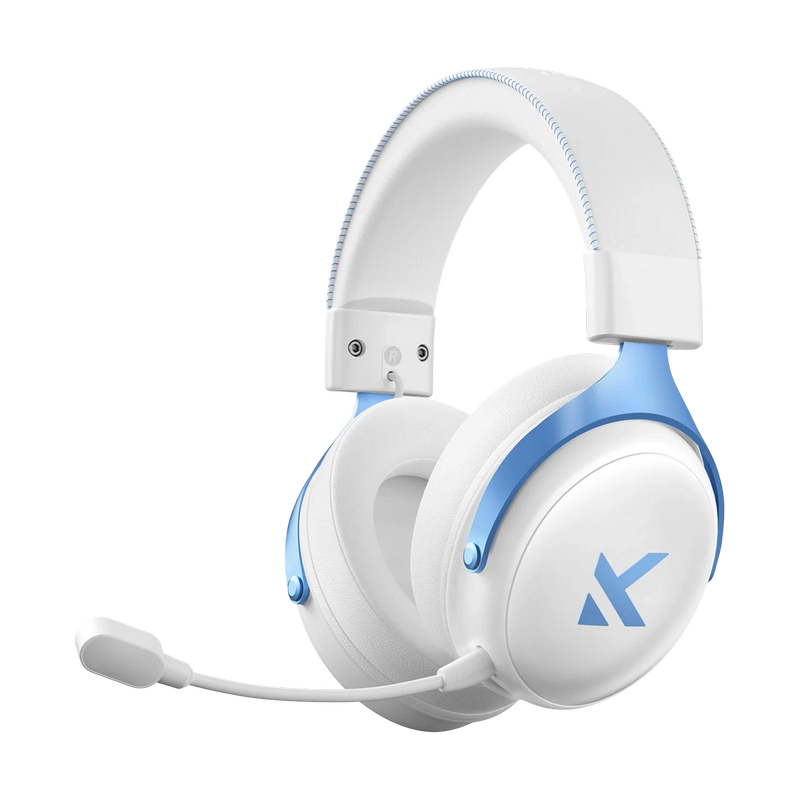 Gaming Wireless Headset MCHOSE V9 Pro, 53mm drivers, 275g, 250h, Detachable AI NC Microphone, 7.1, Memory foam, On-ear control, USB+2.4+BT, White/Blue