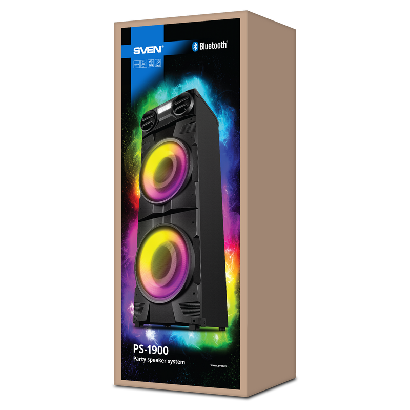 Partybox SVEN "PS-1900" Black, 1000W, TWS, Bluetooth, FM, USB, LED-display, AC power