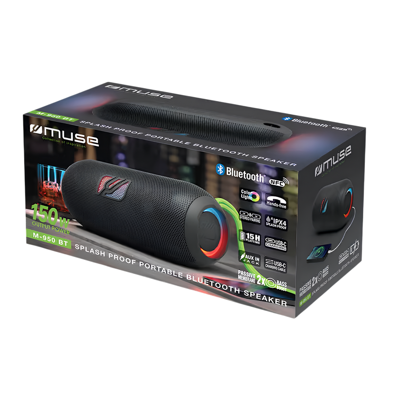 Portable Speaker MUSE M-950 BT, USB, TWS, IPX4, AUX, Black, 5000mAh / 7.4V, 15H playtime, USB-