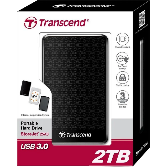 2.0TB (USB3.1) 2.5" Transcend "StoreJet 25A3", Black, Anti-Shock, One Touch Backup