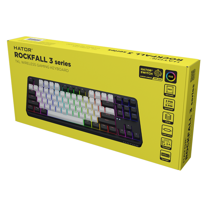 Wireless Gaming Keyboard HATOR Rockfall 3 Mecha TKL, RGB, 2.4GHz, BT5.3, USB/Type-C, EN/UA, 1.8m, 4000 мАh, Black