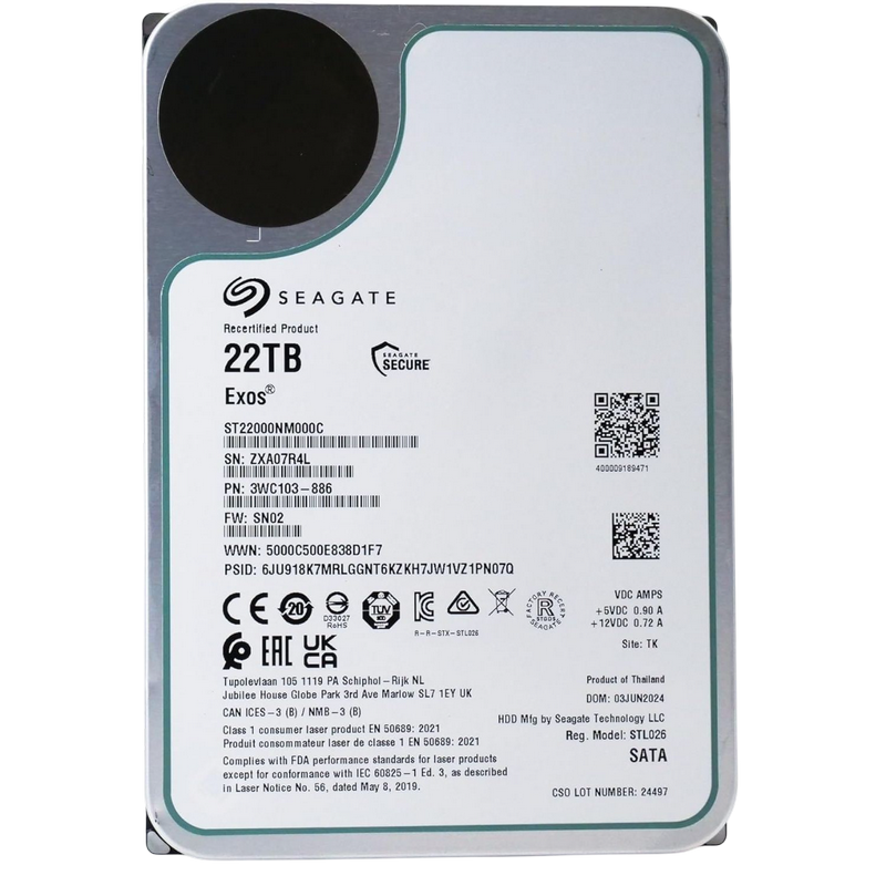 3.5" HDD 22.0TB-SATA- 512MB Seagate Exos (ST22000NM000C-FR), Recertified, Enterprise, CMR, 7200rpm, 2.5M (MTBF)