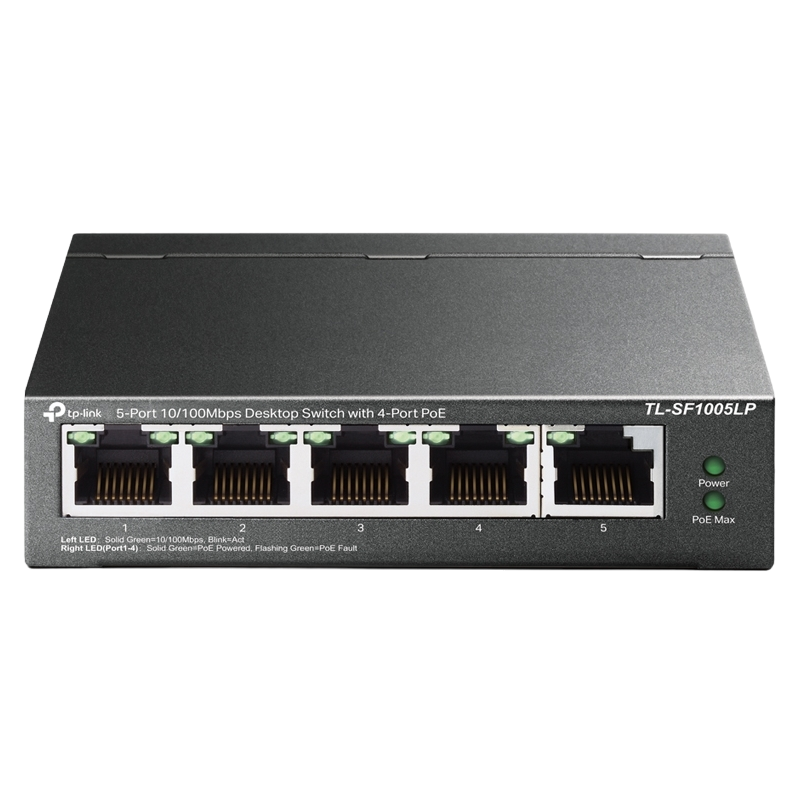 .5-port Ethernet Switch TP-LINK TL-SF1005LP, with 4 Port PoE, 41W Budget, steel case