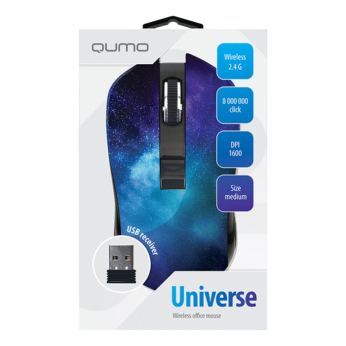 Wireless Mouse Qumo Universe, Optical, 800-1600 dpi, 4 buttons, Ambidextrous, 1xAA, Black/Blue, USB
