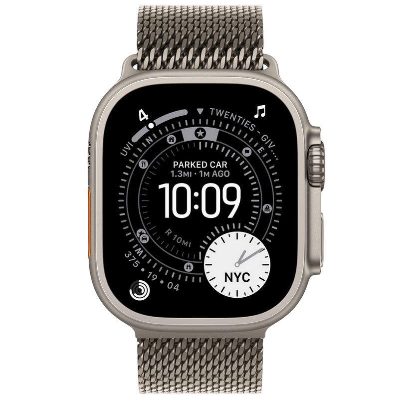 Apple Watch Ultra 3 GPS + Cellular, 49mm Natural Titanium Case with Natural Titanium Milanese Loop - Medium, MEWY4
