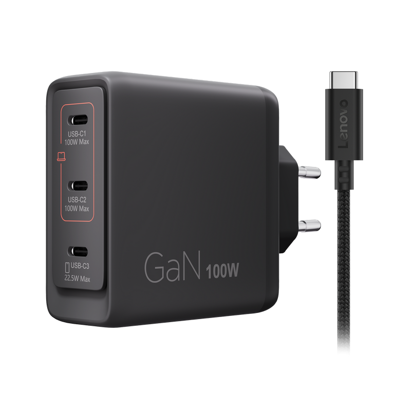 Lenovo USB-C Multi-port 100W GaN Charger, 3xUSB-C; (WxDxH): 70x70x30.5 mm, Weight: 240 g., USB-C cable length: 1,8m, Black