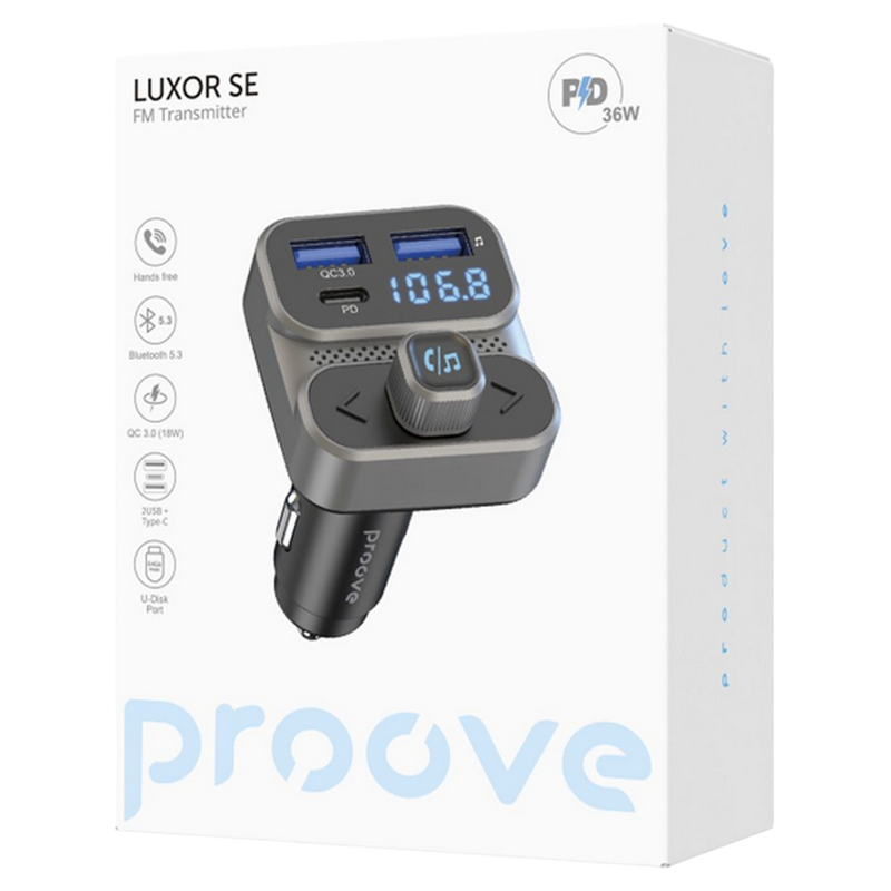 Car Charger Proove FM Launcher Luxor SE 36W (PD+QC3.0) Type-C+USB Gray