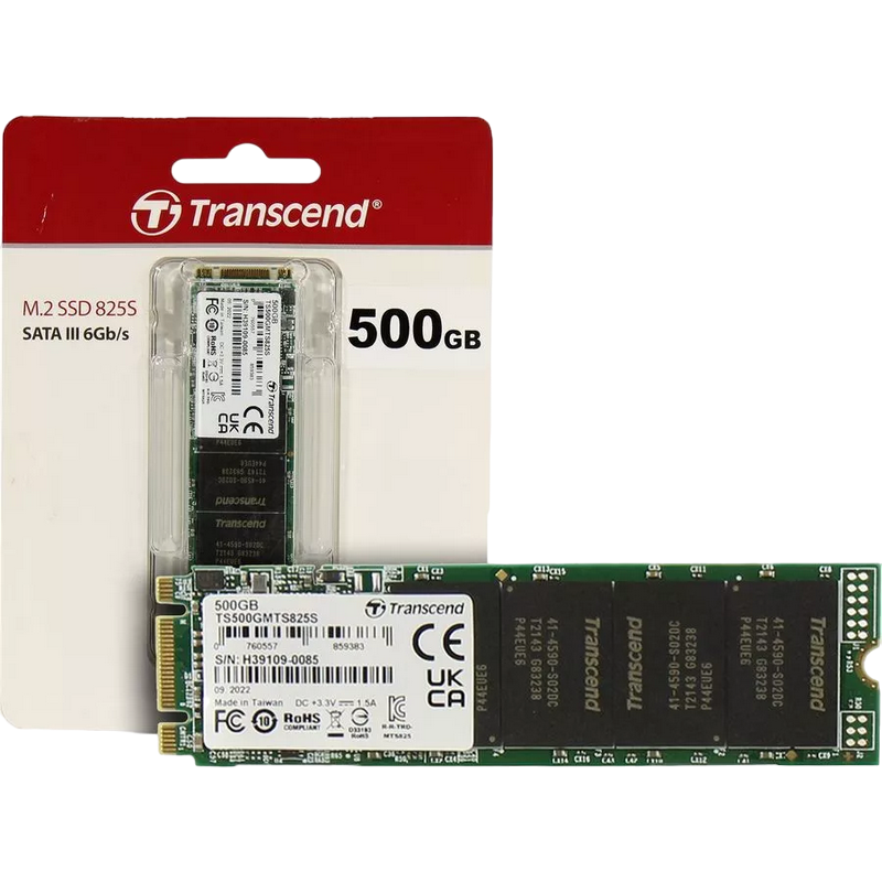 .M.2 SATA SSD 500GB Transcend "TS500GMTS825S" [80mm, R/W:530/480MB/s, 55K/75K IOPS, 180 TBW, 3DTLC]