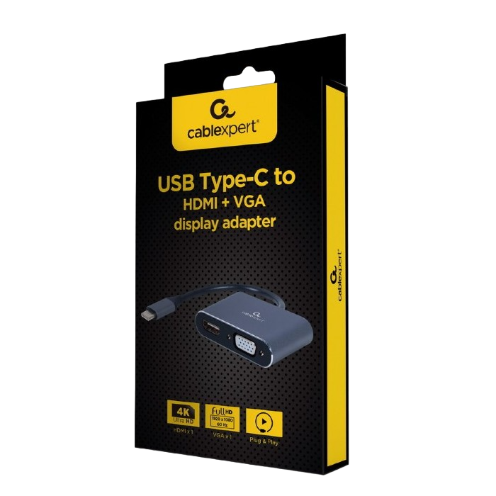 Adapter Type-C to HDMI & VGA sockets Cablexpert, up to 4K at 30 Hz, A-USB3C-HDMIVGA-01