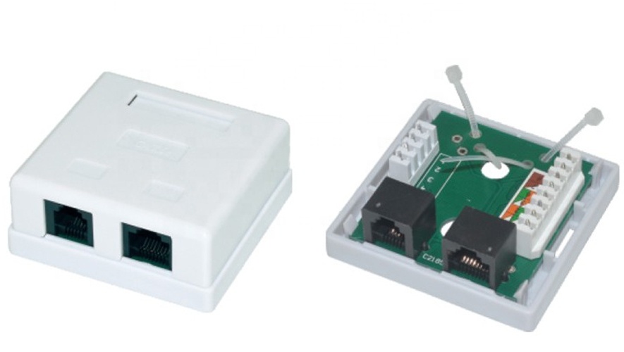1xRJ45+1xRJ11 Surface Box 2 port UTP Cat.5e PCB jack