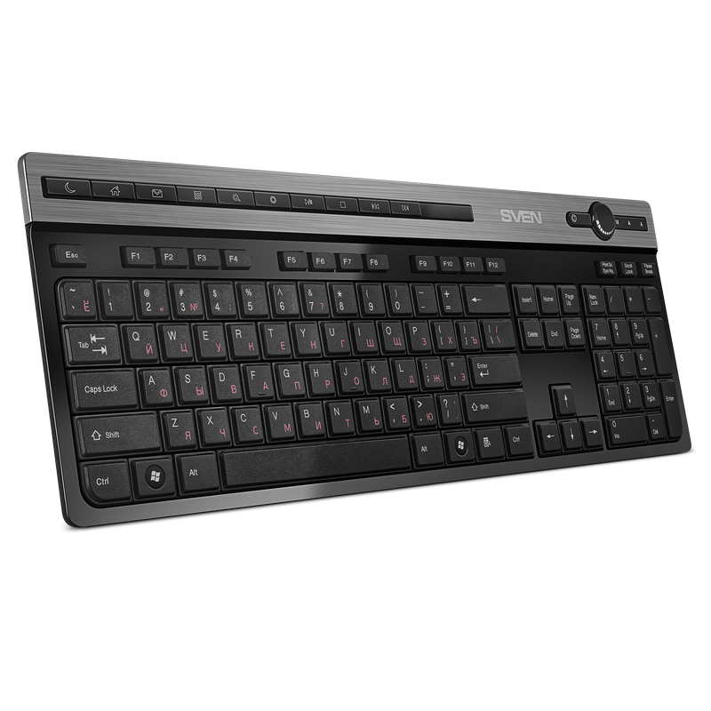 Wireless Keyboard SVEN KB-E5500W, Multimedia, Splash proof, Volume knob, Aluminum insert, Battery indicator, 1xAA, 2.4GHz, EN/RU, Black/Silver