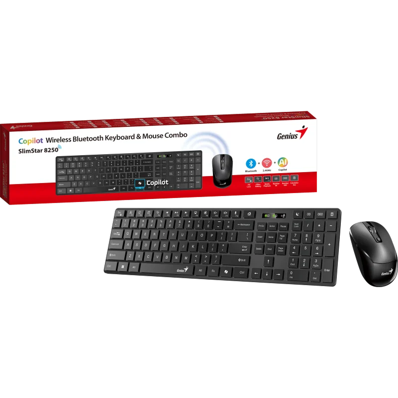 Wireless Keyboard & Mouse Genius SlimStar 8250, Multimedia, Ultra thin, Fn keys, 1200dpi, 3 buttons, 1xAAA/1xAA, 2.4Ghz+BT, EN/RU, Black