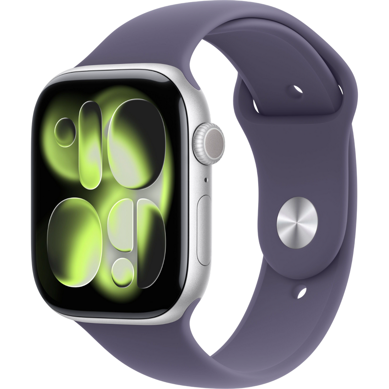 Apple Watch Series 11 GPS, 46mm Silver Aluminium Case with Purple Fog Sport Band - S/M, MEV94