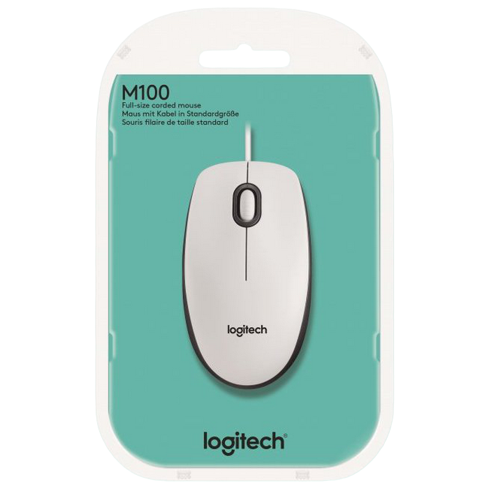 Mouse Logitech M100, 1000 dpi, 3 buttons, Ambidextrous, 90g, 1,8m, USB, White