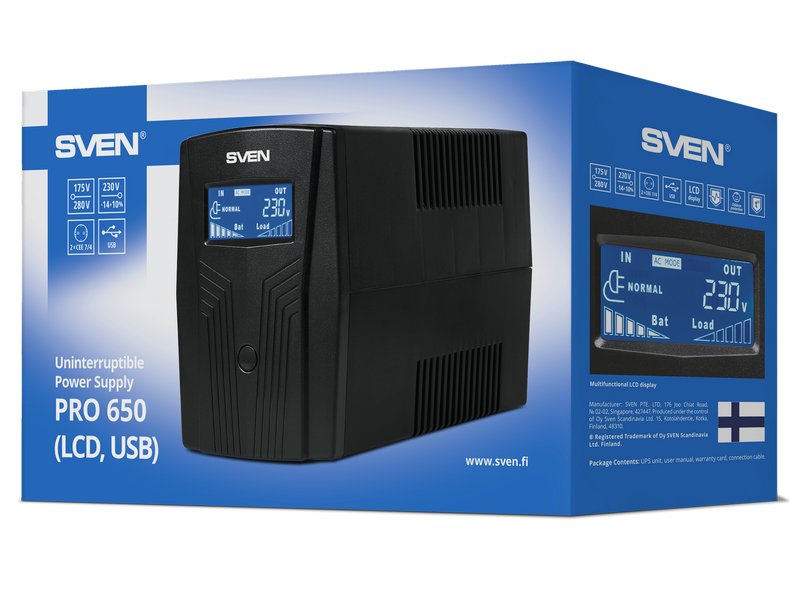 UPS SVEN Pro 650, 650VA/390W, Line Interactive, AVR, LCD, USB, 2xShuko Sockets