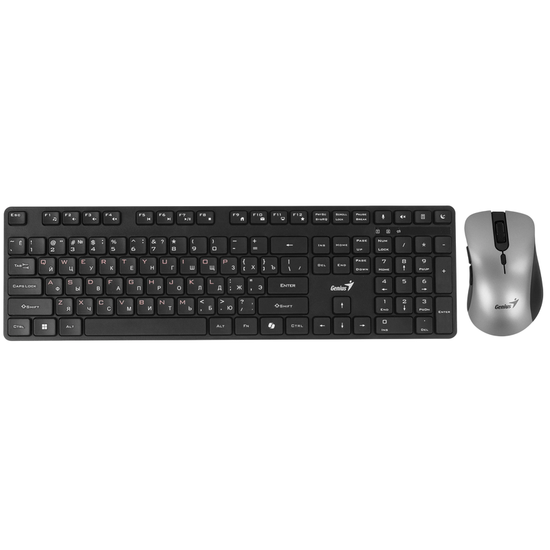 Wireless Keyboard & Mouse Genius KM-8216S, 12 Fn keys, Chocolate keycap, Silent, 1200dpi, 3 buttons, 2xAAA/1xAA, 2.4Ghz, EN/RU, Black