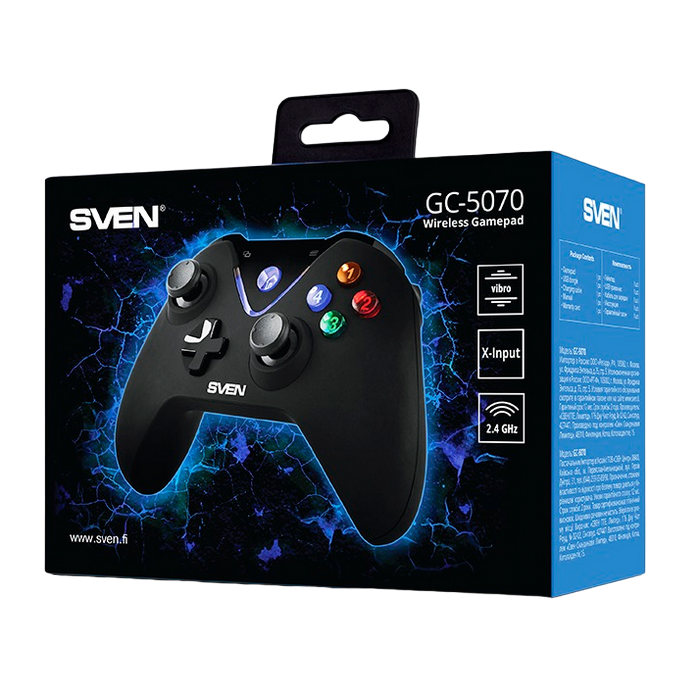 Wireless Gamepad SVEN GC-5070, 4 axes, D-Pad, 2 mini joysticks, 11 buttons, Vibration feedback, Soft-touch coating, Built-in battery, 2.4Ghz, Black