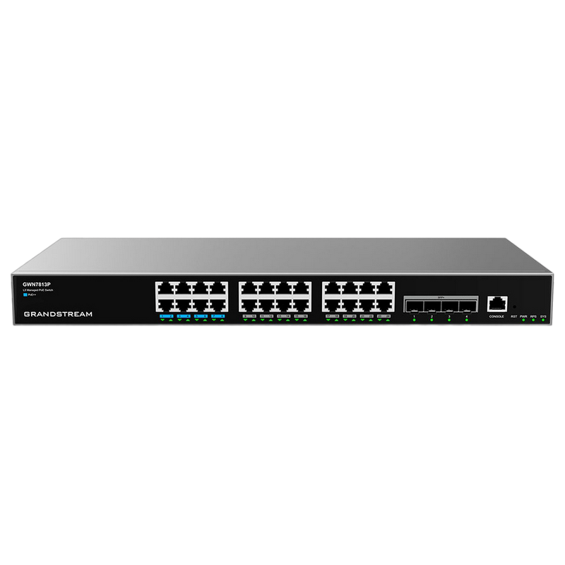 24-port Gigabit Layer 3 Managed PoE++ Switch, Grandstream "GWN7813P", 24xPoE, 4x10Gbit SFP+, Stackable, 360W Budget, Rack-Mount
