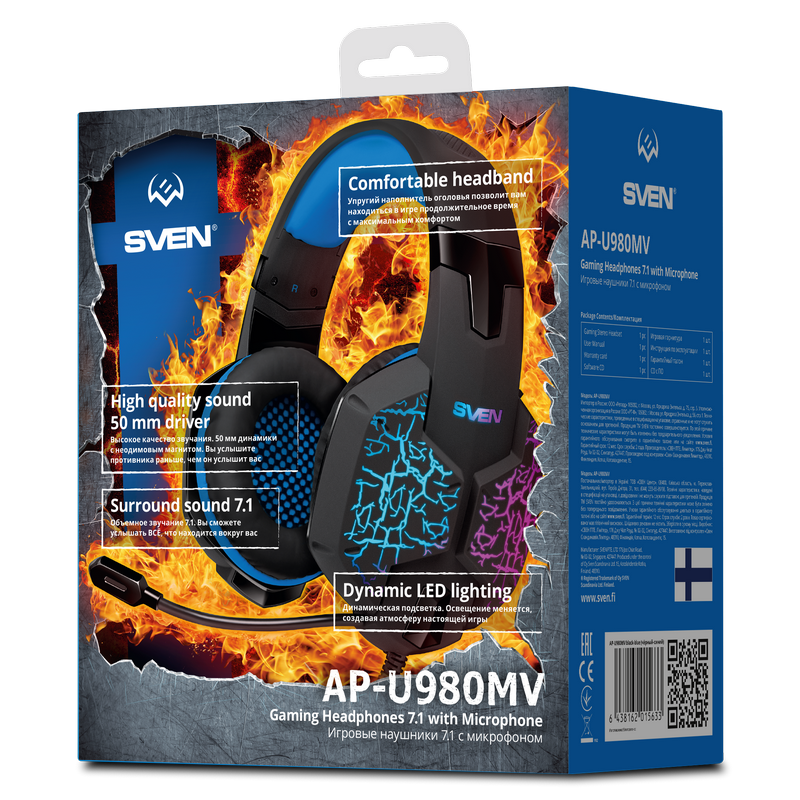 Gaming Headset SVEN AP-U980MV, 50mm drivers, 20-20000Hz, 32 Ohm, 108dB, 365g., USB, Black/Blue